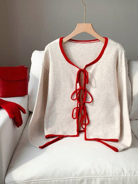 Ezwear blusa casual de manga larga con cordones y ribetes de color contrastante para mujer