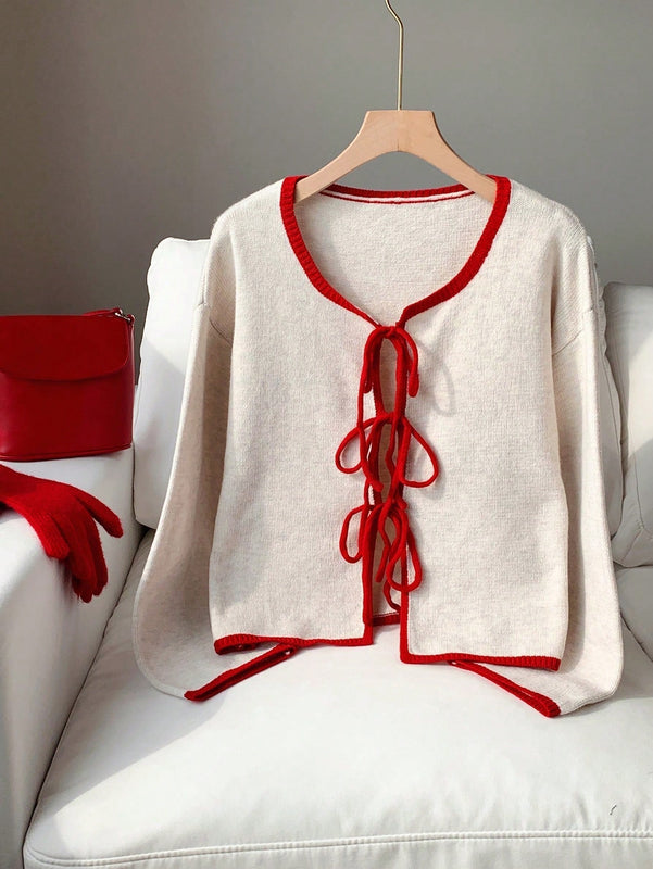 Ezwear blusa casual de manga larga con cordones y ribetes de color contrastante para mujer