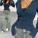 Hypezone cardigan con capucha casual y versatil de otono/invierno azul marino con botones frontales de cable para mujer