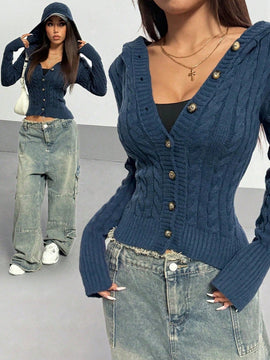 Hypezone cardigan con capucha casual y versatil de otono/invierno azul marino con botones frontales de cable para mujer
