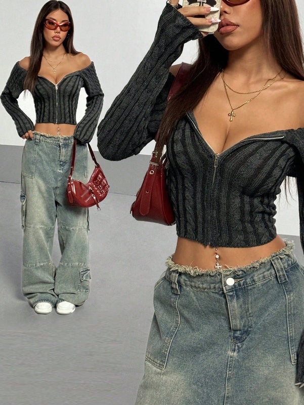 Hypezone cardigan de mujer con cuello vuelto, hombros descubiertos, cremallera y botones, de manga larga para otono/invierno
