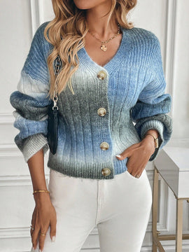 Relaxiva cardigan de punto con botones delanteros, manga larga, de color ombre, hecho de un hilado jaspeado y tejido de nervio