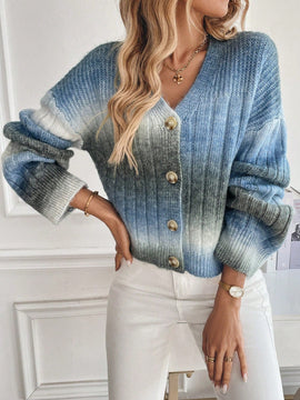 Relaxiva cardigan de punto con botones delanteros, manga larga, de color ombre, hecho de un hilado jaspeado y tejido de nervio