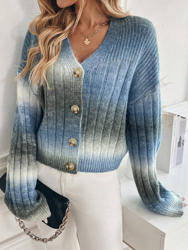Relaxiva cardigan de punto con botones delanteros, manga larga, de color ombre, hecho de un hilado jaspeado y tejido de nervio
