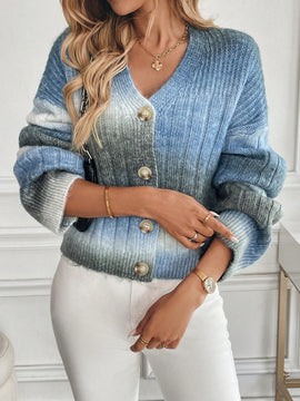 Relaxiva cardigan de punto con botones delanteros, manga larga, de color ombre, hecho de un hilado jaspeado y tejido de nervio