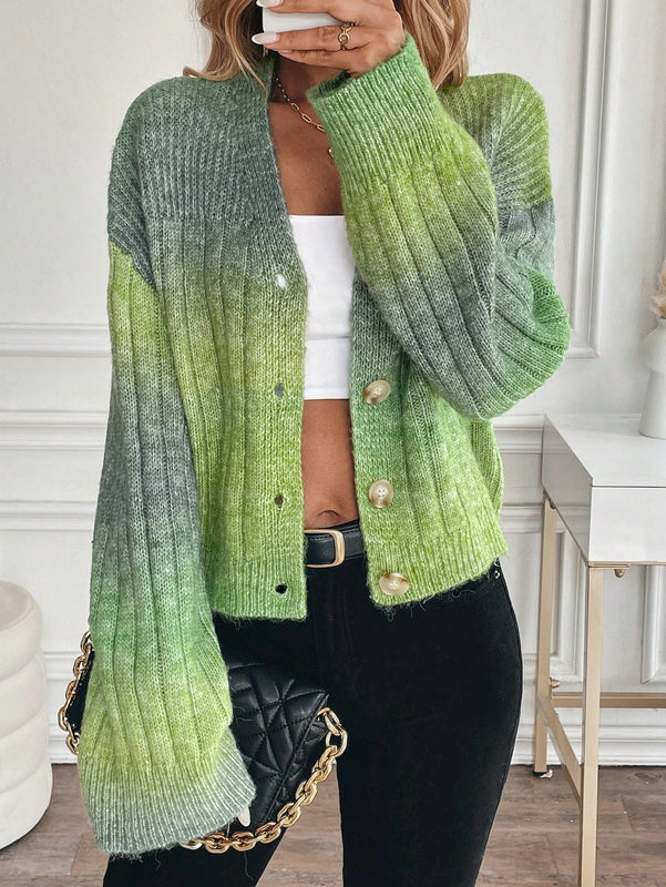 Relaxiva cardigan de punto con botones delanteros, manga larga, de color ombre, hecho de un hilado jaspeado y tejido de nervio