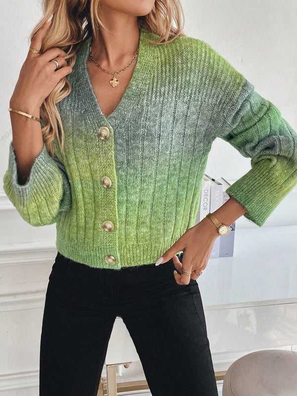 Relaxiva cardigan de punto con botones delanteros, manga larga, de color ombre, hecho de un hilado jaspeado y tejido de nervio