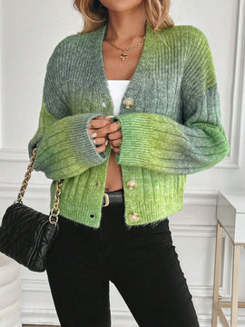 Relaxiva cardigan de punto con botones delanteros, manga larga, de color ombre, hecho de un hilado jaspeado y tejido de nervio