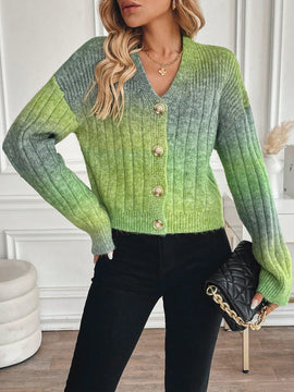 Relaxiva cardigan de punto con botones delanteros, manga larga, de color ombre, hecho de un hilado jaspeado y tejido de nervio