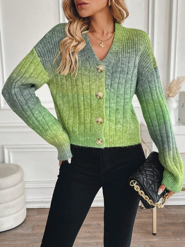 Relaxiva cardigan de punto con botones delanteros, manga larga, de color ombre, hecho de un hilado jaspeado y tejido de nervio