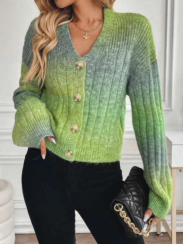 Relaxiva cardigan de punto con botones delanteros, manga larga, de color ombre, hecho de un hilado jaspeado y tejido de nervio