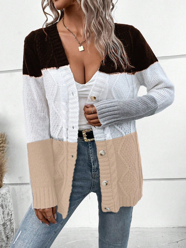Lune cardigan con parches de colores contrastantes, informal y de moda para uso diario