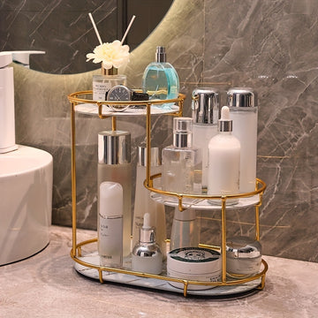 Organizador de baño grande de 3 niveles con estructura metálica - Ideal para cosméticos, perfumes, cuidado de la piel y cepillos de dientes - Marco de hierro fundido duradero, panel lavable con protección UV