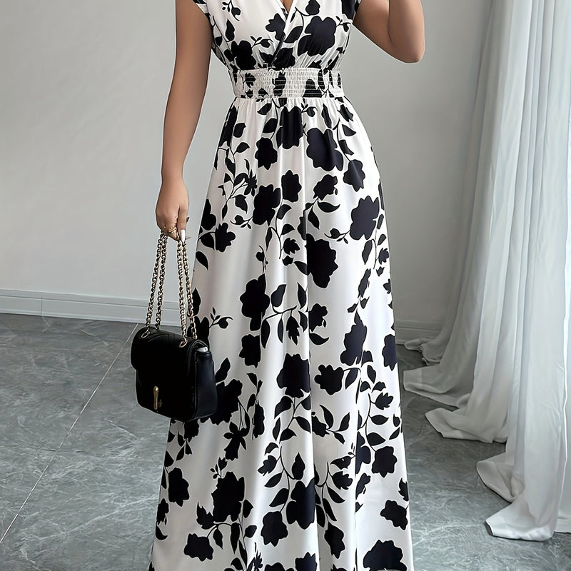 Elegante vestido largo de flores rosas con cuello en V y mangas cortas - Silueta de línea A que fluye, cintura ceñida, perfecto para primavera/otoño, ropa casual a formal, ropa elegante casual | Vestido con estampado floral | Diseño de cintura ceñida