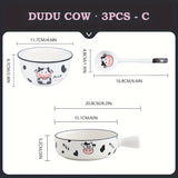 Juego de vajilla de cerámica moderna con lindo diseño de vaca de dibujos animados, platos y cuencos redondos con temática animal, adecuado para residencias universitarias y estudiantes universitarios - Juego de 3/4 piezas