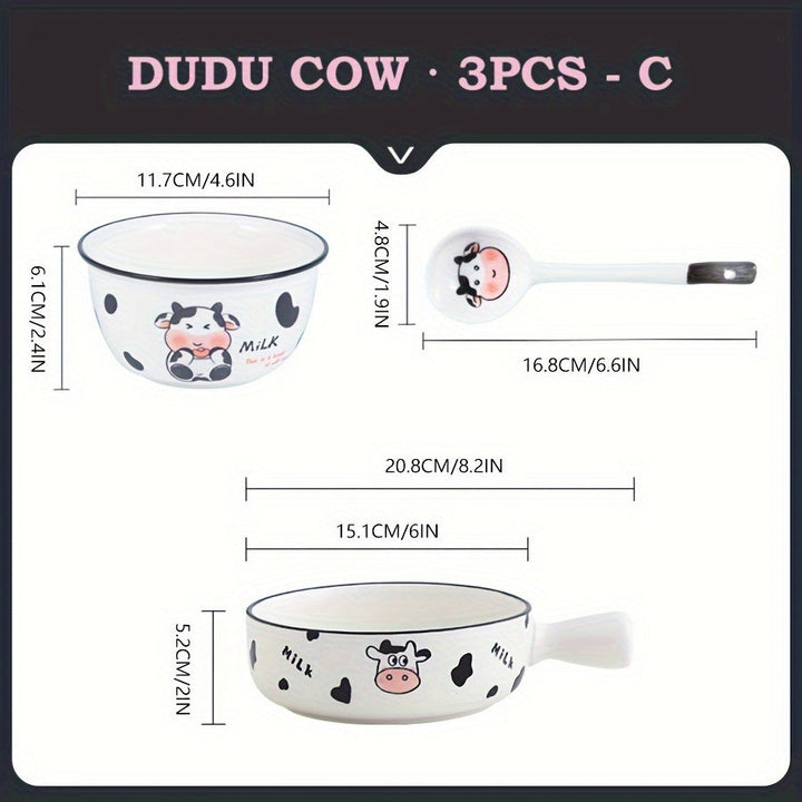 Juego de vajilla de cerámica moderna con lindo diseño de vaca de dibujos animados, platos y cuencos redondos con temática animal, adecuado para residencias universitarias y estudiantes universitarios - Juego de 3/4 piezas