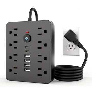 Regleta de 14 en 1, 8 tomacorrientes, 4 puertos USB, 2 puertos USB-C, cable de extensión de 152.4/304.8 cm, enchufe plano, montaje en pared, protección contra sobrecargas, supresor de picos, ideal para carga en el hogar y oficina