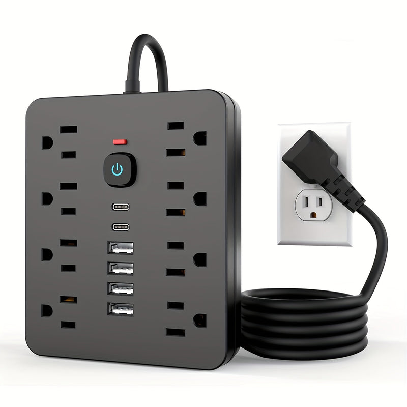 Regleta de 14 en 1, 8 tomacorrientes, 4 puertos USB, 2 puertos USB-C, cable de extensión de 152.4/304.8 cm, enchufe plano, montaje en pared, protección contra sobrecargas, supresor de picos, ideal para carga en el hogar y oficina