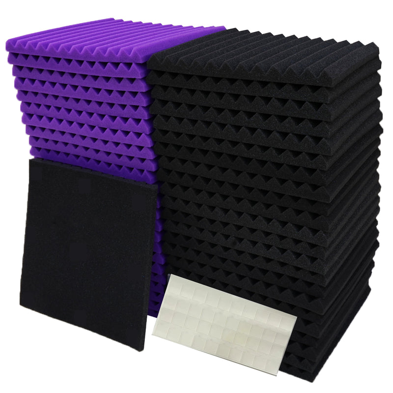 50 piezas de paneles acústicos VIBuilt de espuma de alta densidad, 12"x12"x1" negro y morado, para estudio de grabación, reducción de ruido y absorción de sonido, paneles acústicos para pared