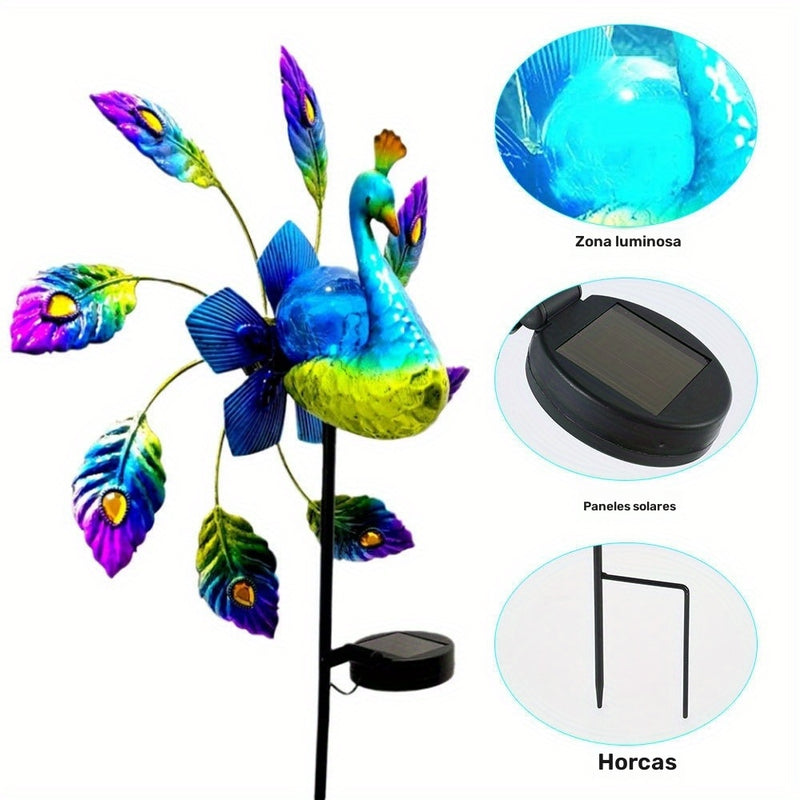 Lámpara Solar de Pavo Real de Hierro, Lámpara de Molino de Viento, Decoración de Jardín Lámpara de Pavo Real, Lámpara con Enchufe de Tierra, 2 Funciones, Lámpara de Molino de Viento Giratoria