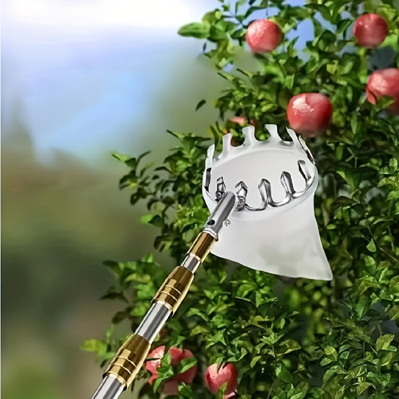 Pica de frutas telescópica portátil de acero inoxidable - Agarre antideslizante duradero sin rastros para mango, tomate, cerezas y más - Herramienta de cosecha manual con mango ergonómico y cesta de almacenamiento segura