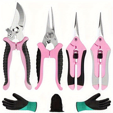 Juego de 4 Tijeras de Poda Profesionales Rosas - Tijeras de Jardinería de Acero Inoxidable para Flores/Ramas, Kit Multiusos Manual