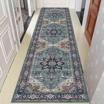 Alfombra Elegante Larga Antideslizante Lavable - Diseño Geométrico Moderno en Azul, Beige y Marrón, Ideal para Pasillos, Escaleras y Decoración de Corredores de Hoteles, Alfombra Personalizable, Material de Poliéster Lavable a Máquina