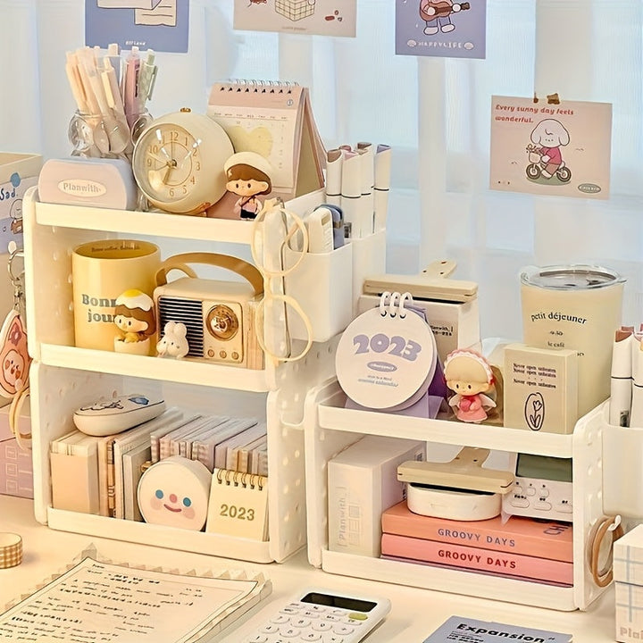 1 estante de almacenamiento de agujeros de escritorio, estantería multifuncional con soporte para bolígrafos y cesta de almacenamiento, esencial para dormitorios y oficinas, diseño de ganchos, almacenamiento clasificado es más organizado.