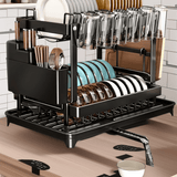Estantería de platos de acero al carbono resistente de doble capa + tablero de drenaje, almacenamiento integrado! Dividido para platos/tablas de cortar/tazas, opciones negras y blancas, sostiene 6 tazas, adecuado para todas las estaciones.