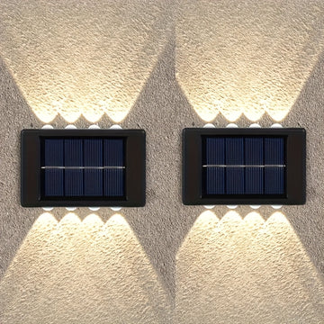 2 pzas. luces solares para pared con 8 LED, decoración exterior con luz cálida amarilla, ideal para hogar, jardín, cerca, patio, montaje semiempotrado, batería de níquel, carga solar, luz para pared de jardín, luz moderna para pared, plástico duradero