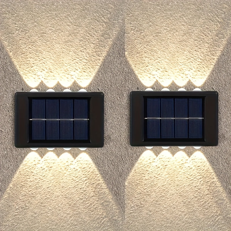 2 pzas. luces solares para pared con 8 LED, decoración exterior con luz cálida amarilla, ideal para hogar, jardín, cerca, patio, montaje semiempotrado, batería de níquel, carga solar, luz para pared de jardín, luz moderna para pared, plástico duradero