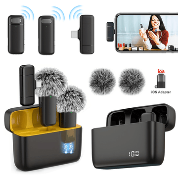 Micrófono inalámbrico lavaliere con estuche de carga, auto reducción de ruido, adaptador incorporado para grabación de video de teléfono, podcasts, transmisión y entrevistas.