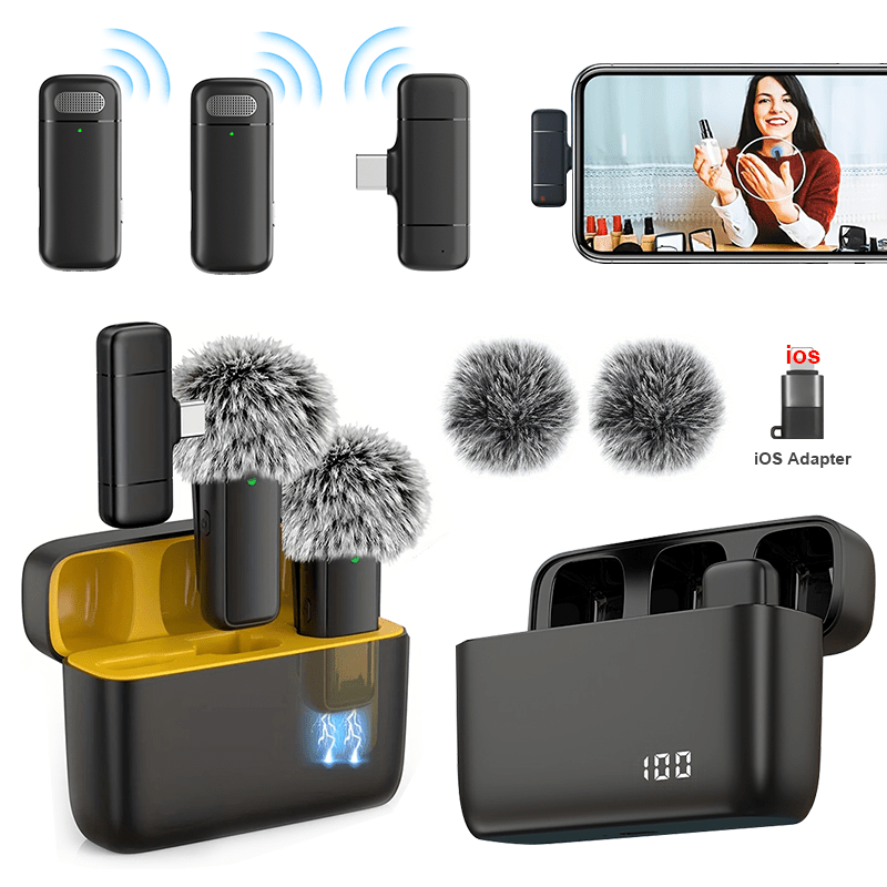 Micrófono inalámbrico lavaliere con estuche de carga, auto reducción de ruido, adaptador incorporado para grabación de video de teléfono, podcasts, transmisión y entrevistas.