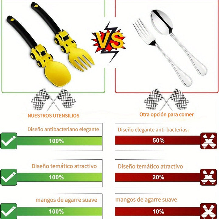 1 Pieza, Juego De Utensilios Para Niños Con Tenedor Y Cuchara, Tema De Vehículos De Ingeniería, Material PP, Diseño Antibacteriano Portátil, Agarre Suave, Apto Para Lavavajillas, Viene Con Caja De Almacenamiento, Ideal Para Uso En Casa Y Viajes