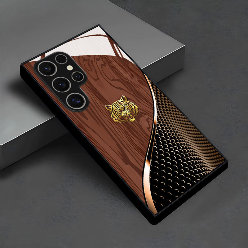 Tigre dorado elegante con patrón de textura marrón, funda de vidrio para teléfono para for samsung para for galaxy S25/S25 Plus/S25 Ultra/S24/S24 FE/S24 Plus/S24 Ultra/S23+/S23 Ultra/S22+/S22 Ultra/S20+/S20 FE/S20 Ultra/A13/A14/A16/A32/A33/A34/A53/A54/A7