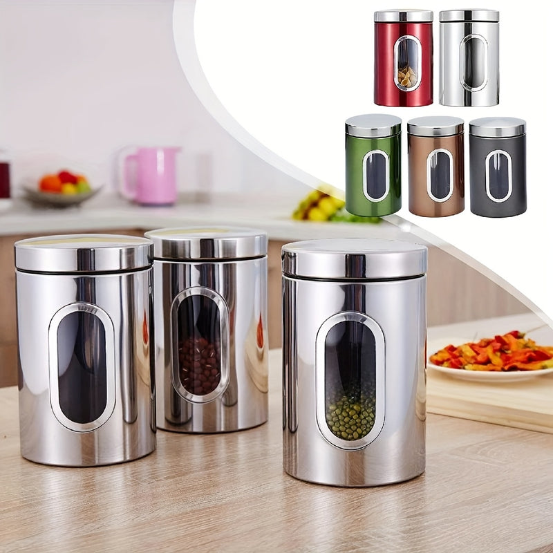 3 contenedores de acero inoxidable con ventana visible - Ideales para café, té, azúcar y granos - Reutilizables, organizador redondo de cocina con tapas abatibles, solución de almacenamiento para cocina|Vajilla moderna|Vajilla duradera