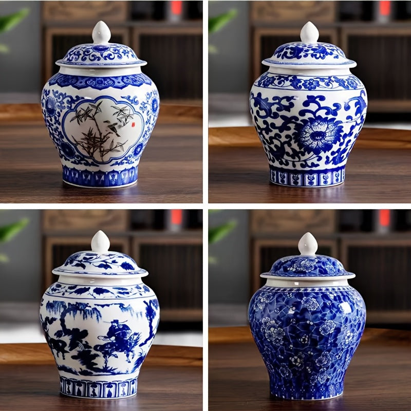 Tarro de porcelana sellado vintage azul y blanco, adorno decorativo, accesorios para juego de té, contenedor de hojas de té, tarro de cerámica resistente a la humedad