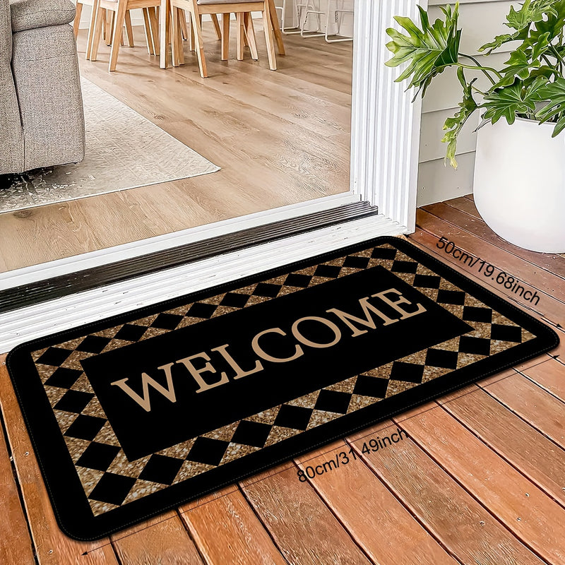 1 pieza de "BIENVENIDO" alfombra de pana - Poliéster antideslizante, ligero, patrón de cuadros negro y dorado, perfecto para decoración del hogar, alfombra de bienvenida para la entrada | Alfombra de patrón de cuadros | Alfombra de fibra de poliéster, al