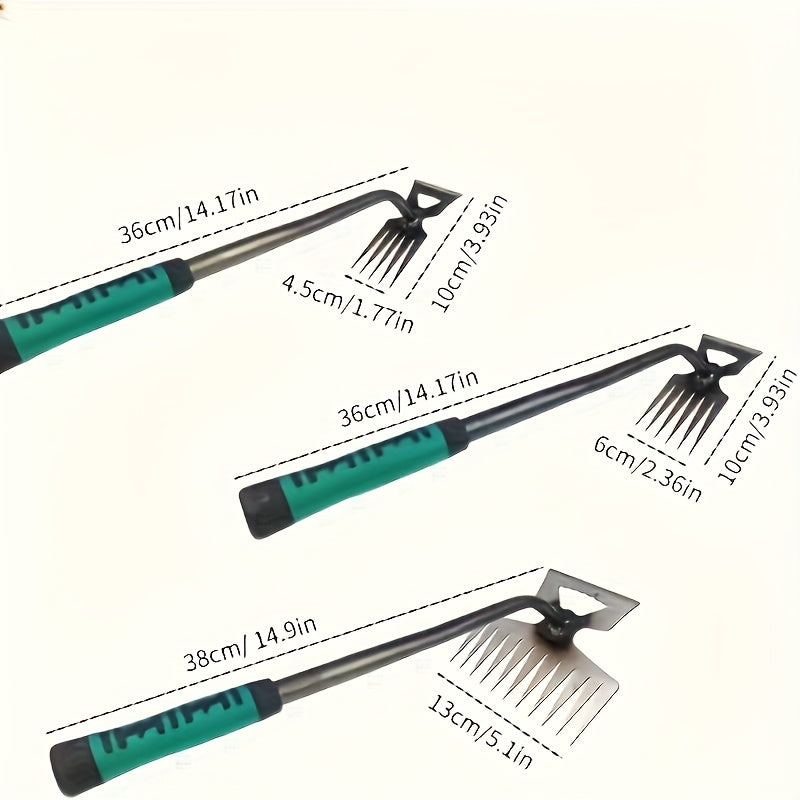 1 pieza Herramienta de Deshierbe Duradera de Acero al Manganeso - Rastrillo de Jardín Portátil con Mango Verde Ergonómico para la Fácil Eliminación de Suelos y Verduras Silvestres, Pala Manuales de Doble Propósito para Tareas de Jardinería, Jardinería Ma