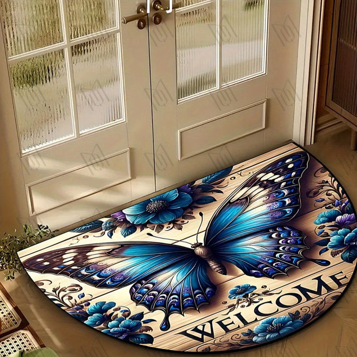 Alfombra de Puerta Semicircular con Patrón de Mariposas de Bienvenida - Antideslizante, Lavable de Poliéster, Ideal para Cocina, Porche, Baño, Lavandería, Sala de Estar, Sala de Juegos - Decoración de Estilo Granja para el Hogar y Jardín, Alfombra de Sue