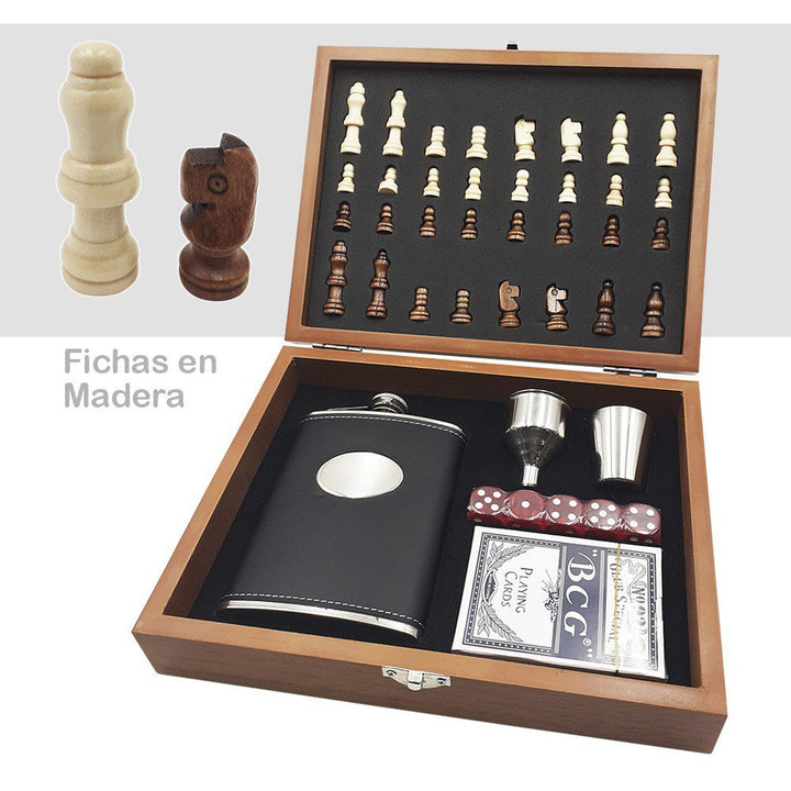 Whiskera Licorera 8oz + Juego Ajedrez Madera + Cartas + Copa RF 092