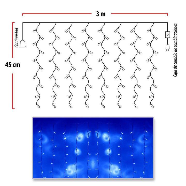 Cortina Led 3 Mts x 45 Cm 100 Led Azul Luces Navidad 1322