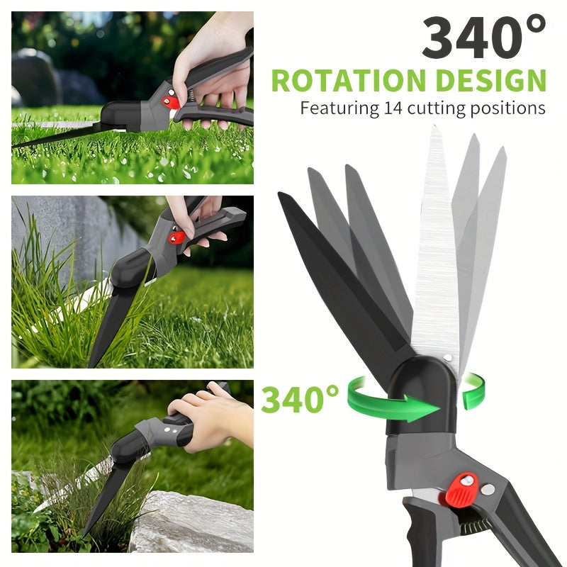 Cortacésped manual de mano de 7 pulgadas con hoja de rotación de 340°, tijeras de jardín manuales, diseño antideslizante para recortar césped con precisión, podar plantas y recoger frutas.
