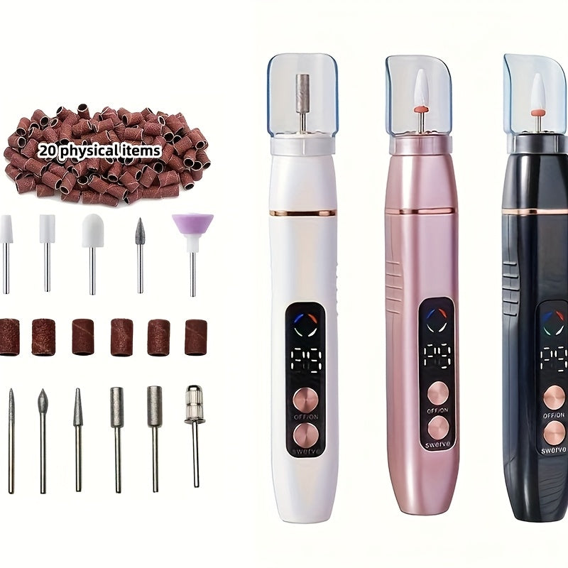 Juego de Taladro para Uñas - Herramienta profesional de manicura y pedicura con cabezales intercambiables, 20 limas y brocas. Dispositivo portátil eficiente para el cuidado de uñas alimentado por batería, voltaje de trabajo ≤36V