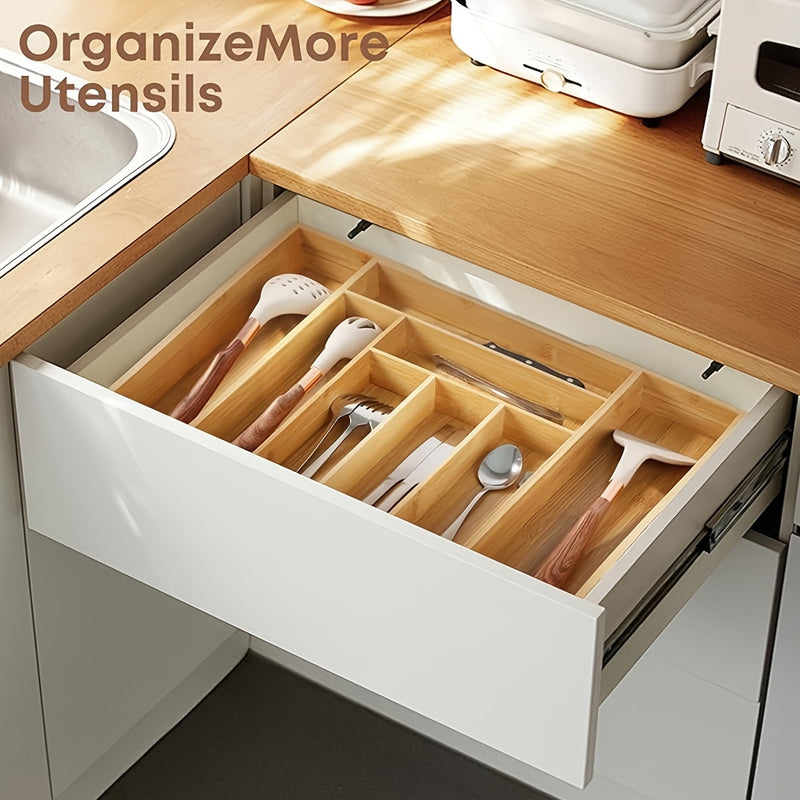 Organizador de Cajón Expansible de Bambú para Pared - Caja de Almacenamiento Multicompartimento para Utensilios de Cocina, Cubiertos y Herramientas de Oficina - Bandeja Organizadora de Alta Calidad