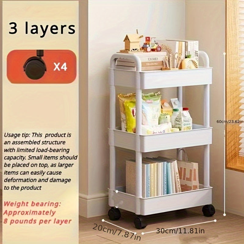 Carrito organizador de plástico con ruedas, 3 niveles, blanco, fácil de mover, multiusos para cocina, baño, dormitorio, sin necesidad de ensamblaje, diseño con ruedas para movilidad, carrito utilitario