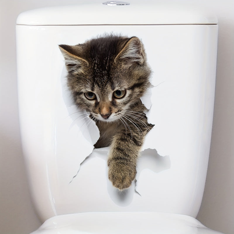 Calcomanía 3D de gato gris para baño, diseño de gatito juguetón, decoración impermeable para baño, 19.99x30.0 cm, adhesivo autoadhesivo para fácil instalación, removible