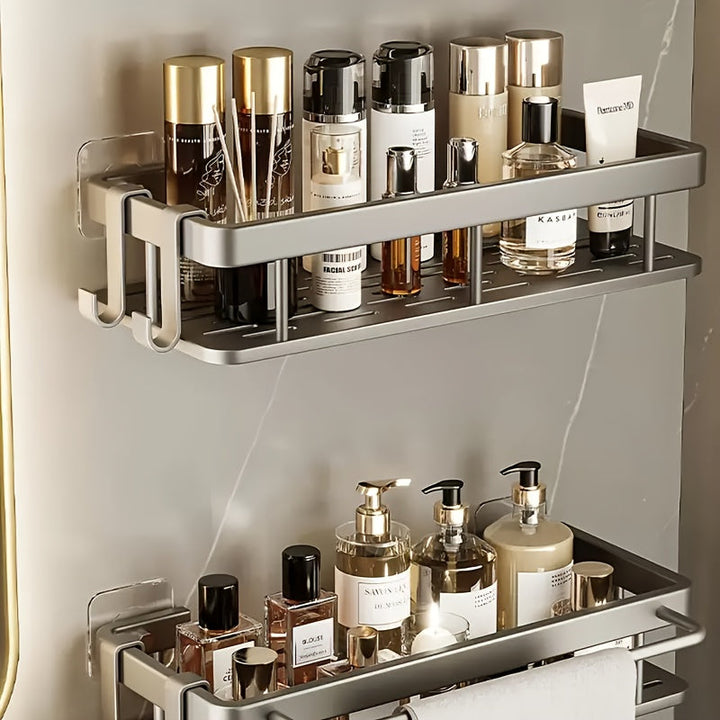 Estante de aluminio de gran capacidad con gancho, sin taladro, para montar en la pared, adecuado para baño y cocina, estante de almacenamiento fácil de instalar que ahorra espacio para artículos de tocador, cosméticos y artículos varios.