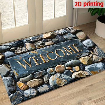 Tapete elegante de bienvenida con diseño de piedras en 2D, rectangular de poliéster de 6 mm de grosor, estampado de piedra, antideslizante, lavable a máquina, ideal para entrada, sala, baño o balcón, decoración artística de lujo para interiores