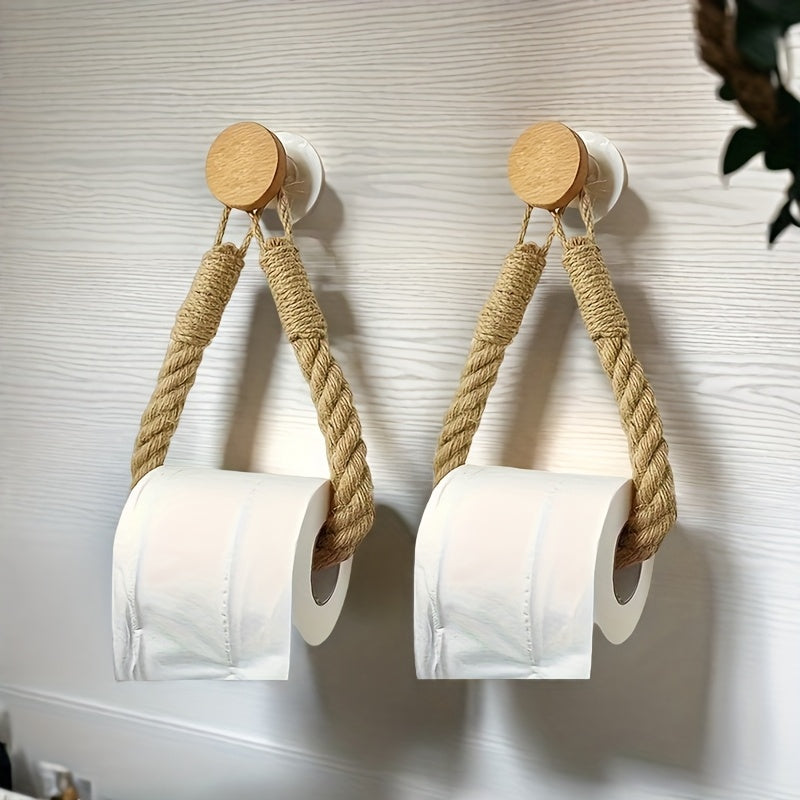 2 piezas de soporte para toallas de papel de cuerda de cáñamo, tejido en madera maciza, porta toallas sin agujeros, creativo